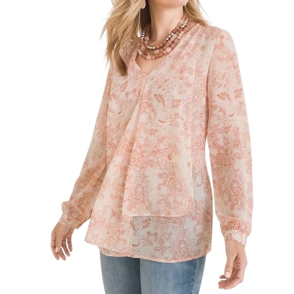 Chico’s Flounce-Front Paisley Blouse Size 2 (L) Pink Sheer Long Sleeve - Picture 1 of 5
